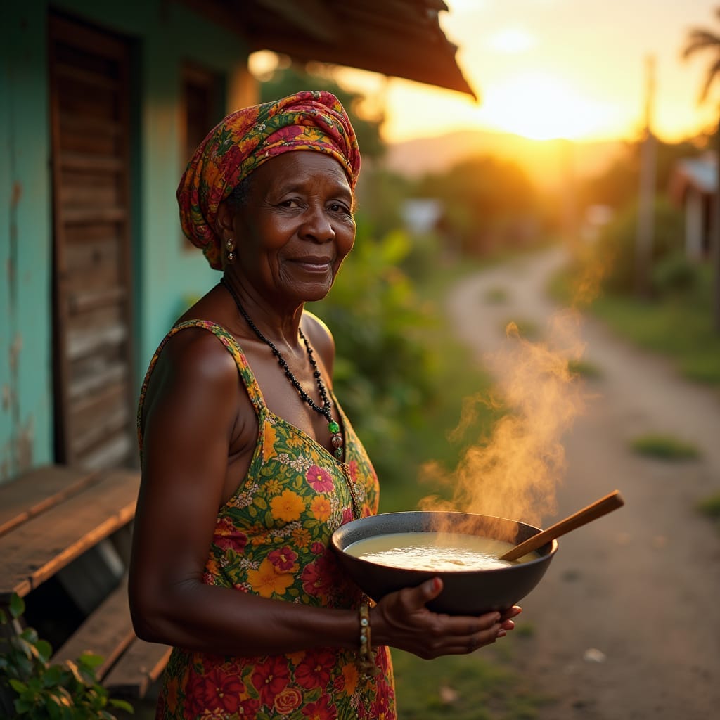 Old Jamaican woman wearing a vibrant floral headwrap and a warm smile, serving steaming hot soup from a large, worn wooden spoon, standing beside a rustic plyboard and zinc roadside restaurant, with a classic wooden bench and a few scattered tables, nestled among lush tropical foliage, against the warm, golden light of a setting sun, casting long shadows and a soft, cinematic glow, evoking the works of Terrence Malick, Gordon Parks, and Werner Herzog, with a cinematic film still aesthetic Old Jamaican woman wearing a vibrant floral headwrap and a warm smile, serving steaming hot soup from a large, worn wooden spoon, standing beside a rustic plyboard and zinc roadside restaurant, with a classic wooden bench and a few scattered tables, nestled among lush tropical foliage, against the warm, golden light of a setting sun, casting long shadows and a soft, cinematic glow, evoking the works of Terrence Malick, Gordon Parks, and Werner Herzog, with a cinematic film still aesthetic