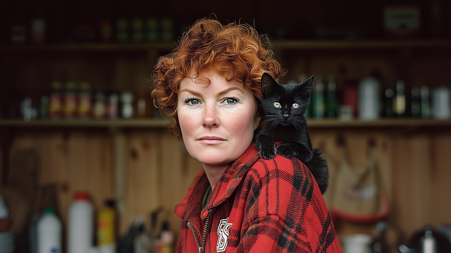 Portrait of a woman with curly red hair wearing a plaid shirt, smiling as a black cat with bright eyes perches on her shoulder, set against rustic wooden shelves with vintage bottles in a cozy interior.