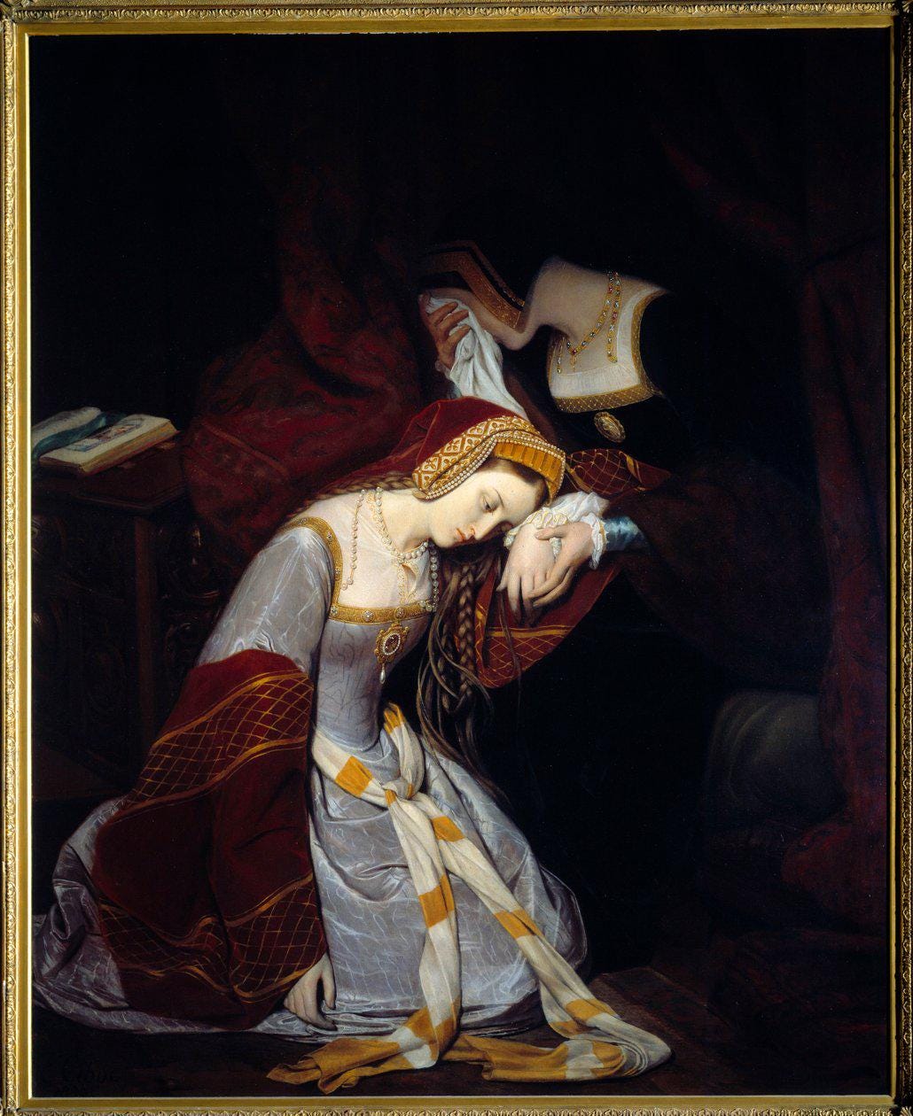 Édouard Cibot's poignant 1835 oil painting depicts Anne Boleyn moments before her execution, a dramatic interpretation of a pivotal historical event.