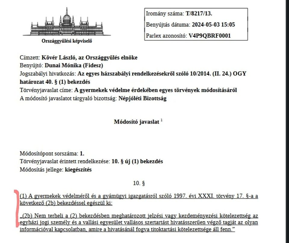 May be an image of text that says 'Iromány száma: T/8217/13. Országgyülési képviselő Benyújtás dátuma: 2024-05-03 15:05 Parlex azonosító: V4P9QBRF0001 Címzett: Kövér László, az Országgyűlés elnöke Benyújtó: Dunai Mónika (Fidesz) Jogszabályi hivatkozás: Az egyes házszabályi rendelkezésekről szóló 10/2014. (II. 24.) OGY határozat 40. (1) bekezdés Törvényjavaslat címe: gyermekek védelme érdekében egyes törvények módosításáról módosító javaslatot tárgyaló bizottság: Népjóléti Bizottság Módosító javaslat Módosítópont sorszáma: Törvényjavaslaté érintett rendelkezése: 10. Módosítás jellege: kiegészítés (1) bekezdés 10. 1)A gyermekek védelméről és bekezdéssel gyámügyi igazgatásról szóló 1997. évi XXXL ..(2b) Nem terheli (2) vagy kezdeményezési kötelezettség_ egyházi jogi személy és vallási egyesület vallásos: szertartast hivatásszerüen végző tagját olyan kapcsolatban, fogva titoktartási kötelezettsége'