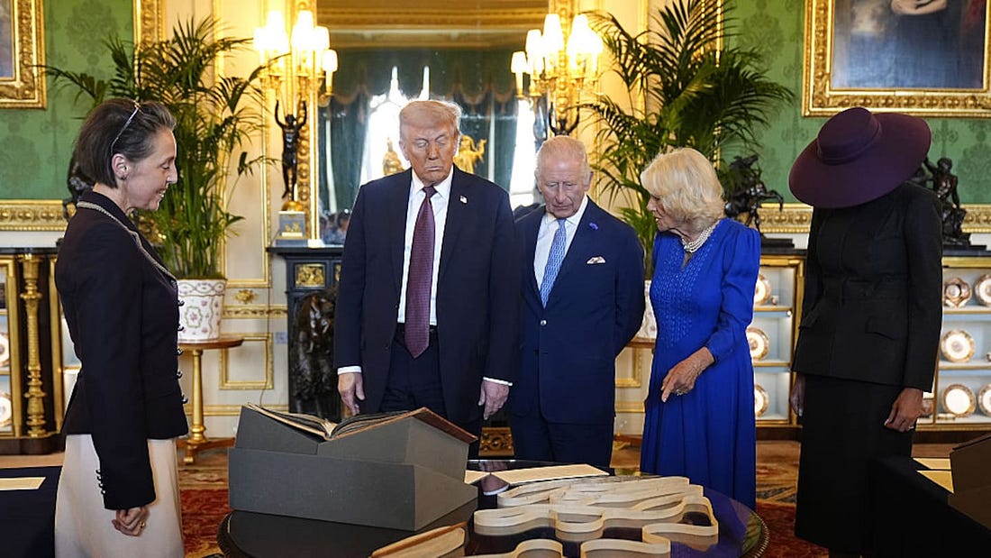 US President Donald Trump, King Charles III, Queen Camilla and The Hat, aka First Lady Melania Trump, at Windsor Castle. Photo / Getty Images