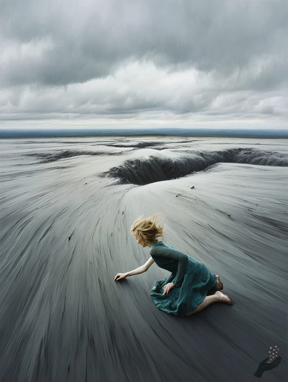 A woman in a green dress kneels on dark shifting ground that appears to split and flow toward a deep fissure under a cloudy sky in a vast landscape.