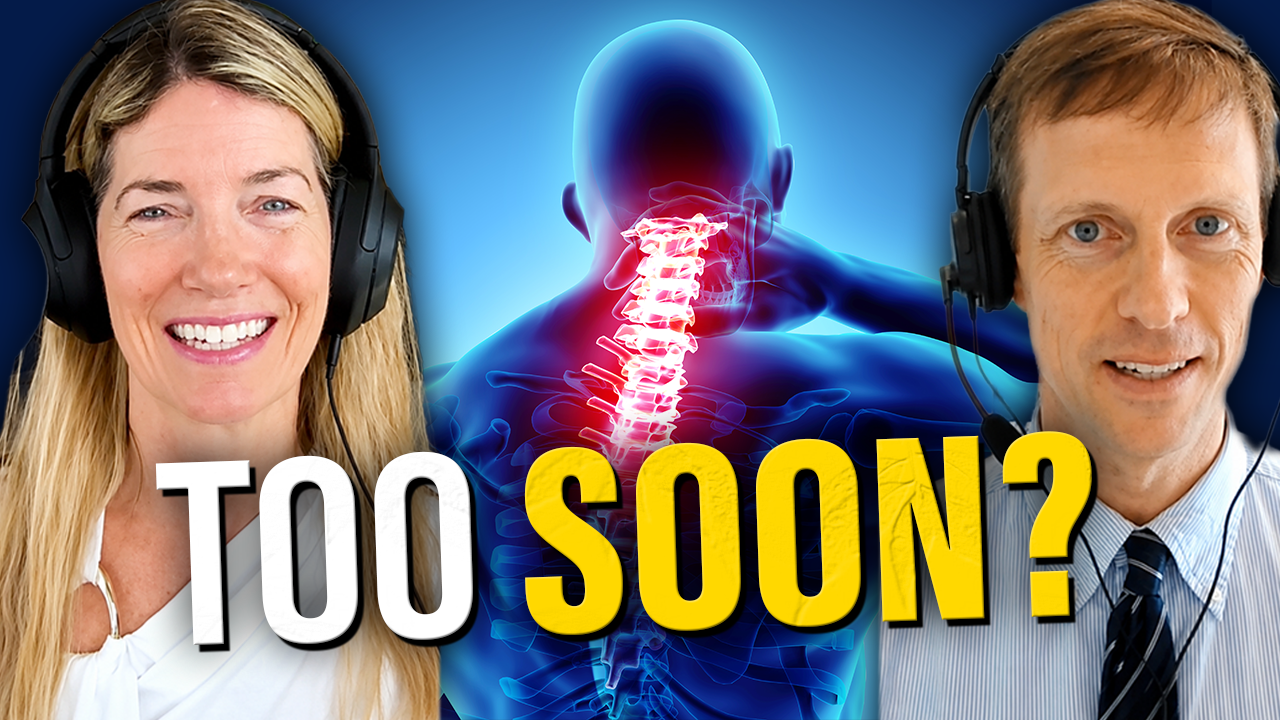 Podcast thumbnail featuring two people wearing headphones on either side of a medical illustration of the back of a person's head and neck, with the cervical spine highlighted in bright red to emphasize pain or injury. On the left is Dr. Linda Bluestein smiling, and on the right is Dr. Dacre Knight. Large text across the center reads, "TOO SOON?" suggesting a discussion about whether it may be too soon to pursue treatment or surgery related to cervical spine conditions. The overall design uses blue tones with the highlighted spine drawing attention to the neck. Podcast thumbnail featuring two people wearing headphones on either side of a medical illustration of the back of a person's head and neck, with the cervical spine highlighted in bright red to emphasize pain or injury. On the left is Dr. Linda Bluestein smiling, and on the right is Dr. Dacre Knight. Large text across the center reads, "TOO SOON?" suggesting a discussion about whether it may be too soon to pursue treatment or surgery related to cervical spine conditions. The overall design uses blue tones with the highlighted spine drawing attention to the neck.