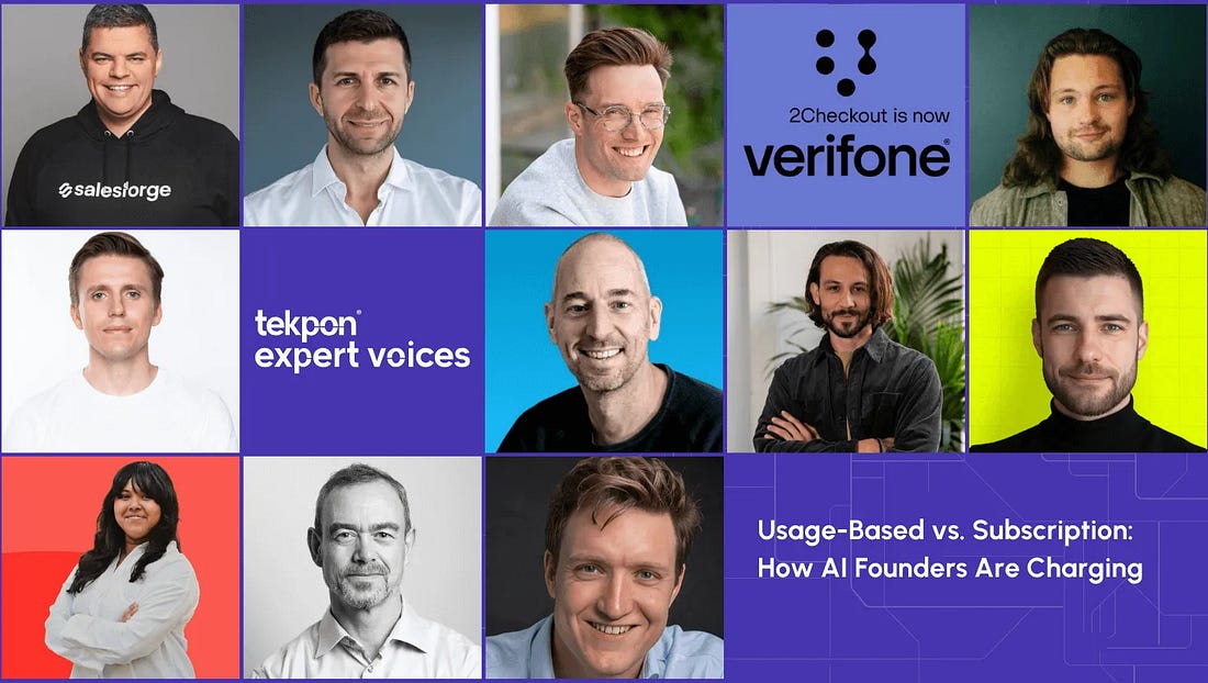 Collage of AI and SaaS founders alongside a title card about usage-based versus subscription pricing. Collage of AI and SaaS founders alongside a title card about usage-based versus subscription pricing.
