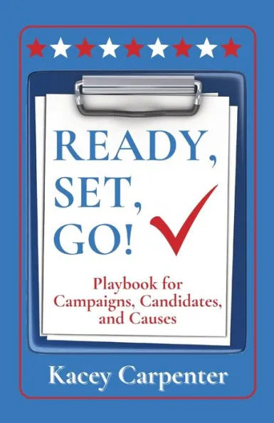 Blue book cover with clipboard for Ready, Set, Go! Playbook for Campaigns, Candidates, and Causes