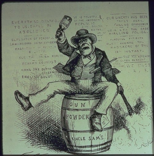 An American anti-Irish cartoon, The Usual Irish Way of Doing Things, by Thomas Nast from Harper's Weekly in 1871.