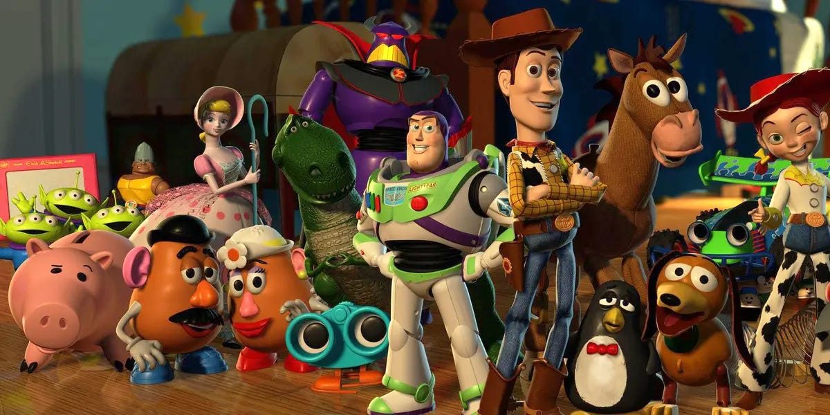 The characters from the Toy Story films, including Buzz Lightyear, Woody, a couple of Potato Heads, a biggie bank, a slinky dog, and many more.