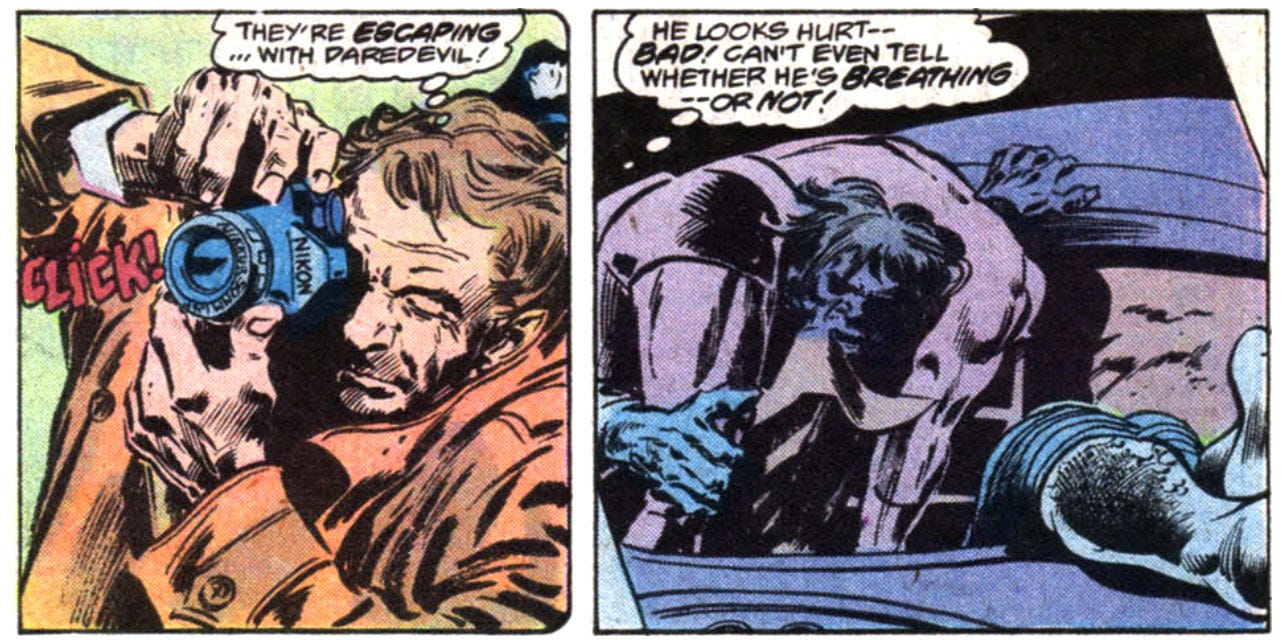 Two panels from late in the issue showing a news photographer snapping a photo of Hyde and Cobra dragging Daredevil down into the sewer