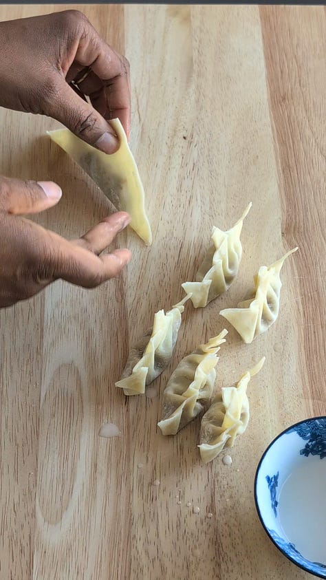 Gallery showing step-by-step images of gyoza being folded, sealed, pan-fried, and steamed during the cooking process.