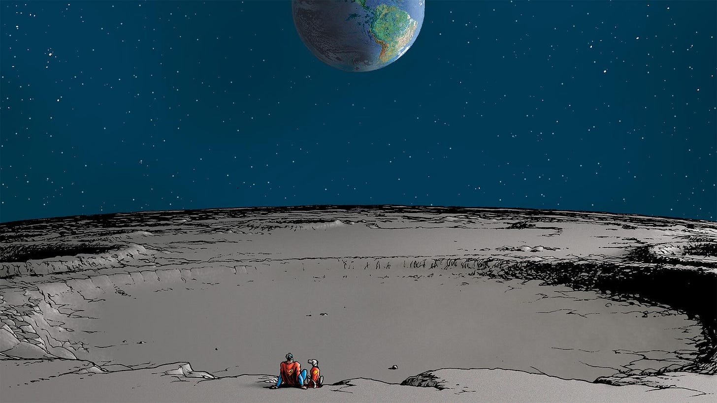 A comic book panel depicting Superman and his dog, Krypto, sitting on the edge of a crater on the moon, looking out over the Earth rising above the moon's horizon.