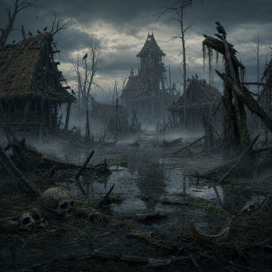 Berez after Baba Lysaga’s death, ruined swamp village, broken huts sinking into misty mire, shattered skull fragments, quiet fog, ravens perched on dead trees, eerie calm over haunted wetlands