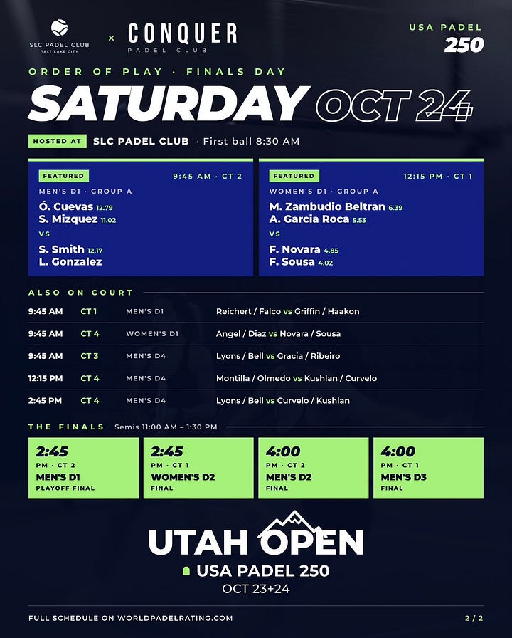 Schedule showing playing times for the Utah Open USA padel tournament