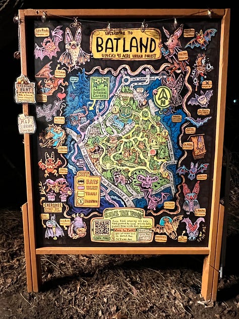 First image is a picture of an upright painted bat with pink ears hanging on a tree, second image is the entry way to the Batland Exhibit + Save the Woods party, next is a painted sign on fabric that reads KEEP ASHEVILLE GREEN, fourth is an image of the Batland Exhibit sign with Spencer Beals, my daughter, and me, fifth is a close up of the Batland Exhibit sign which is a map of the woods showing where the bats are placed- sixth is an image of a party goer with large homemade see- through bat wings posing in front of the sign, sevent is a home made painted sign that reads 'Chancellor to Helene "Hold My Beer! Watch Me Take All the Trees!" eight is an image of Spencer's painting titled "Eyes of Appalachia" and finally we have a hand made carrier pigion on a tree as part of the exhibit.