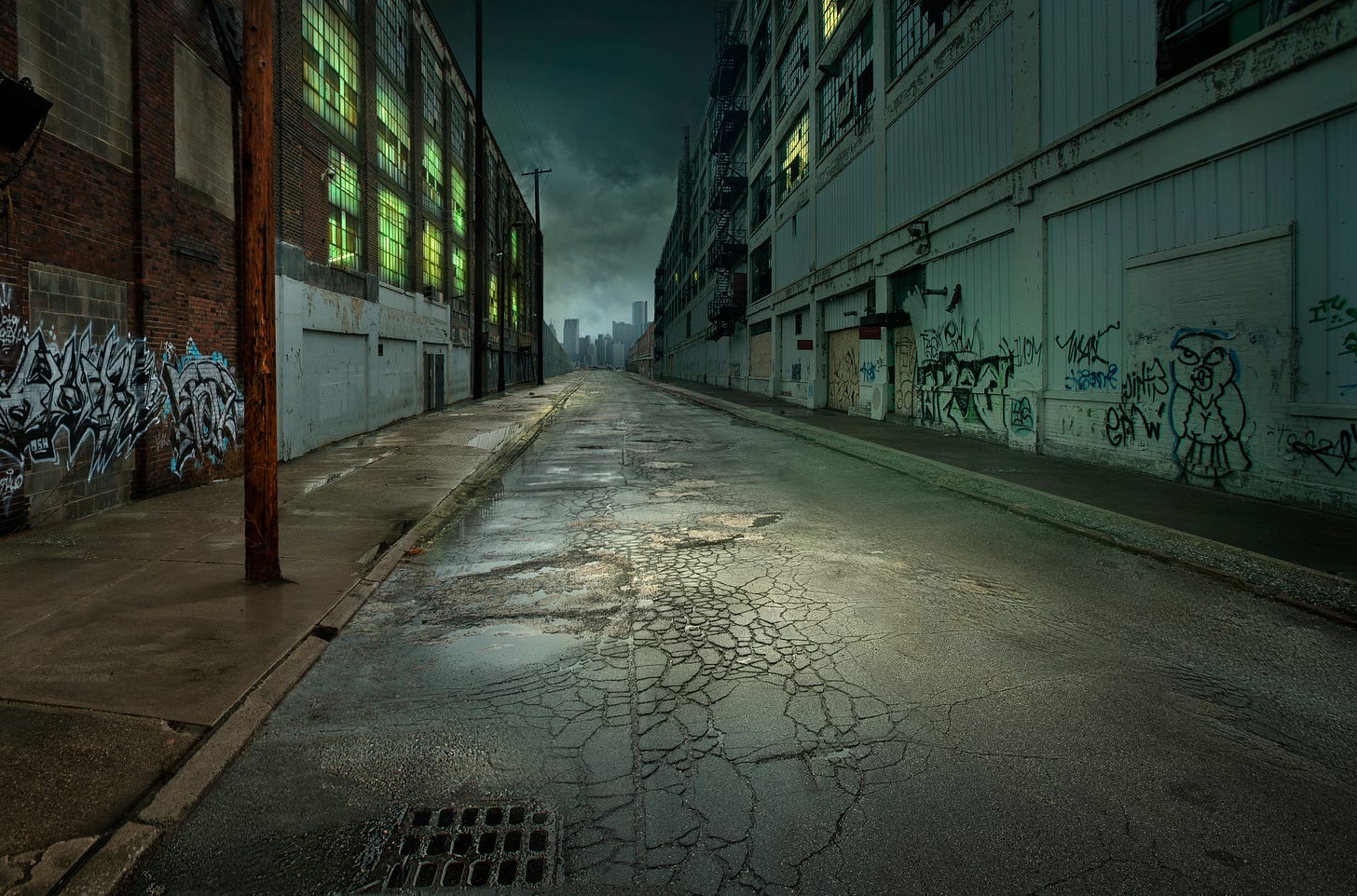 Detroit industrial street scene with graffito'd warehouses. Looks like it's around John R and Piquette, not that that would mean much to non Detroiters unless they were huge auto history buffs