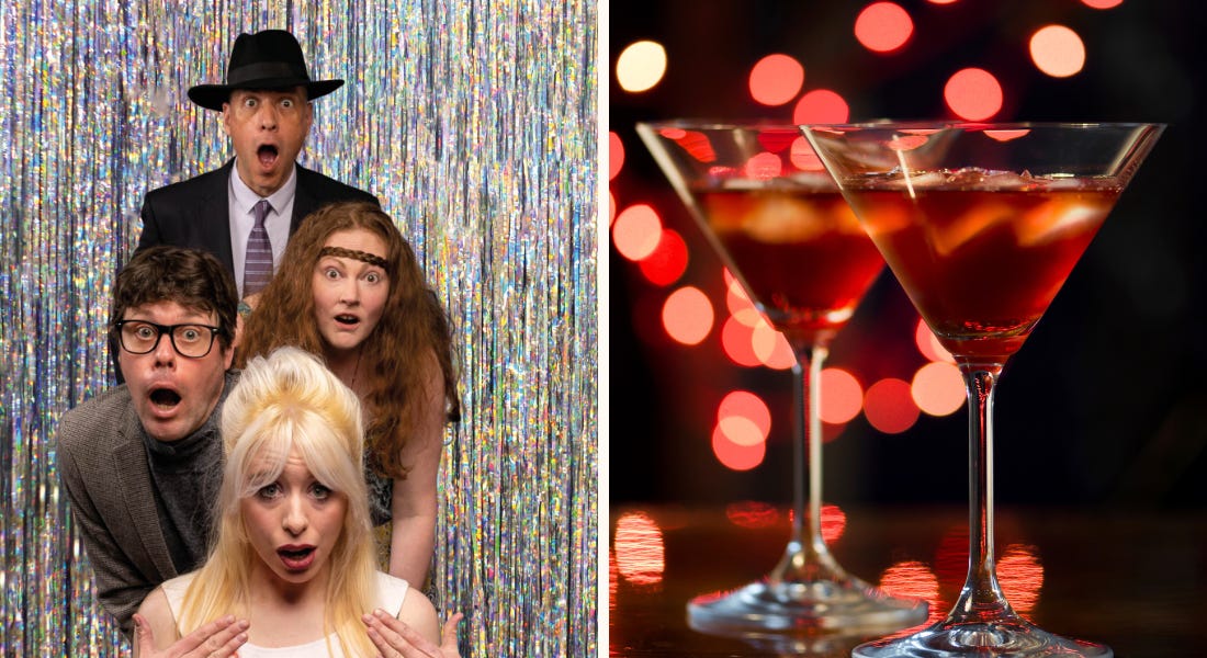 Two pictures - one of four people looking shocked in front of a sparkly curtain and two red drinks in martini glasses with red lights behind them Two pictures - one of four people looking shocked in front of a sparkly curtain and two red drinks in martini glasses with red lights behind them