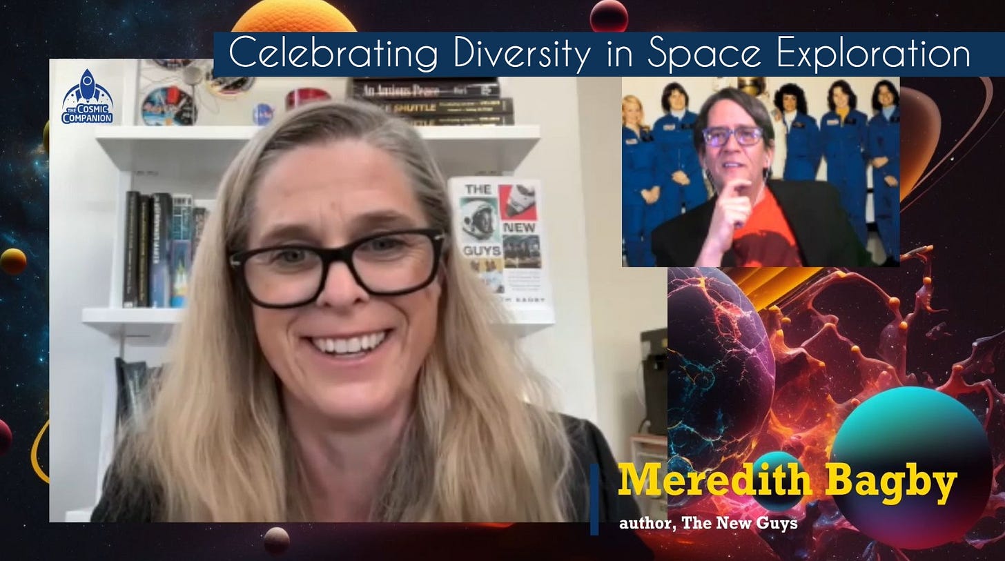 Talking Diversity in Space Exploration with Meredith Bagby (left, a middle-aged Caucasian woman with long blonde hair and dark geek glasses) and James Maynard (right, a middle-aged Caucasian man with medium dark brown hair and dark geek glasses)