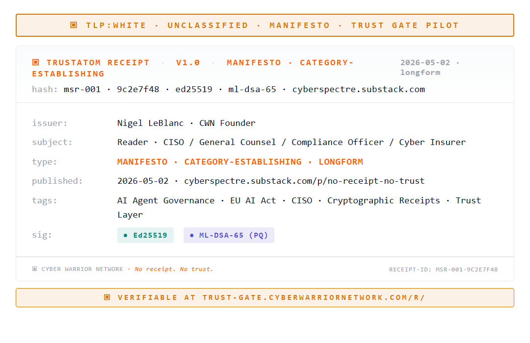TrustAtom Receipt header — manifesto category-establishing post by Nigel LeBlanc, CWN Founder. Ed25519 + ML-DSA-65 (PQ) signed.
