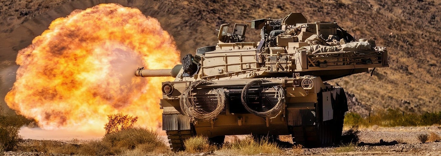 U.S. Soldiers assigned to 1st Battalion, 9th Cavalry Regiment, 2nd Armored Brigade Combat Team, 1st Cavalry Division fire an M1 Abrams main battle tank at an enemy target during Rotation 25-02 at the National Training Center, Fort Irwin, Calif., Nov. 07, 2024. Rotations at the National Training Center ensure Army Brigade Combat Teams remain versatile, responsive, and consistently available for current and future contingencies. (U.S. Army photo by Spc. Casey Auman, Operations Group, National Training Center).