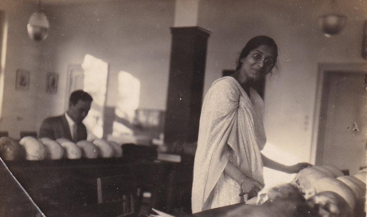 Irawati at a receiving room of human skulls in Berlin, 1928.