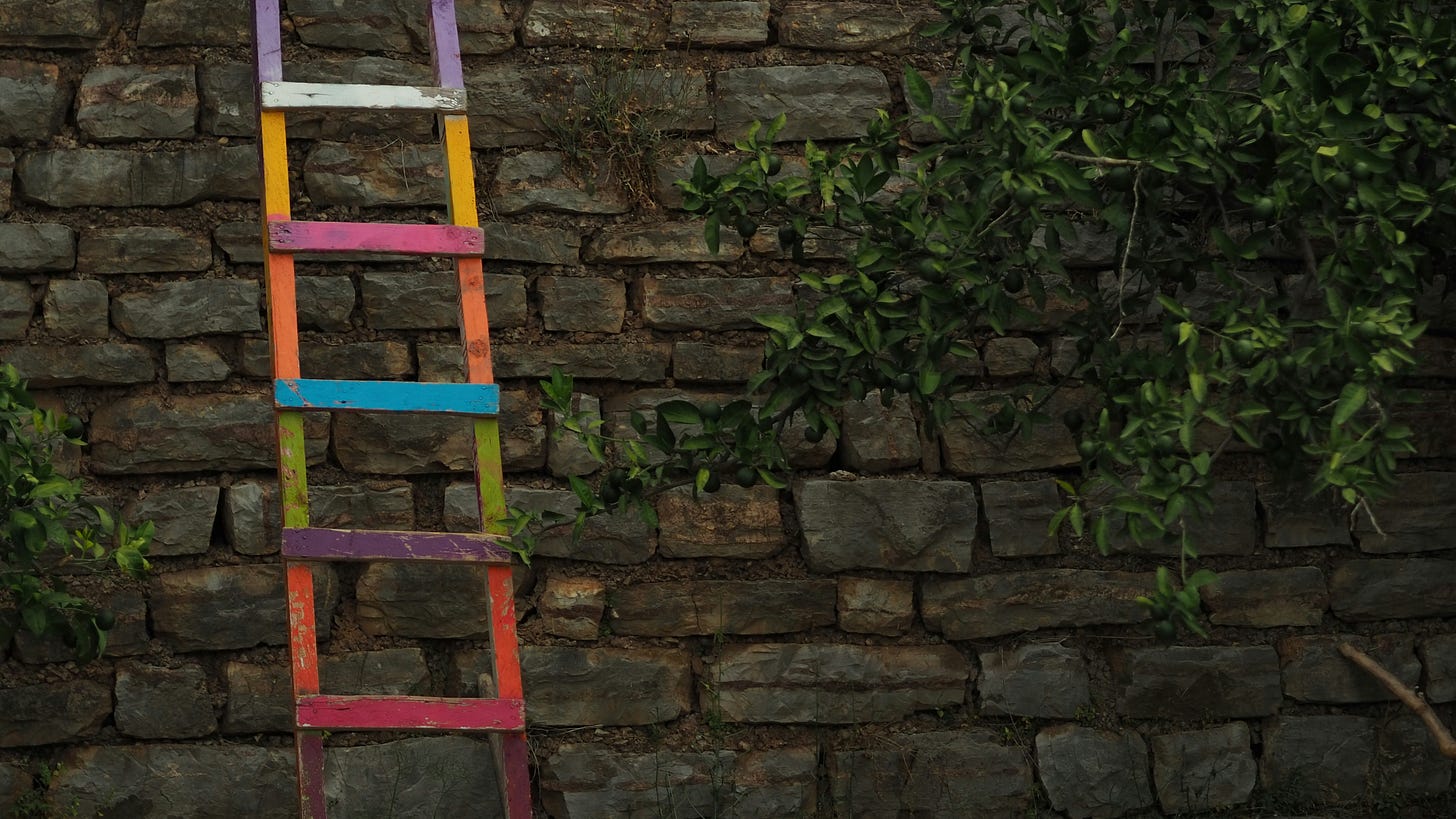 rainbow ladder leaning against a vine-covered stone wall rainbow ladder leaning against a vine-covered stone wall