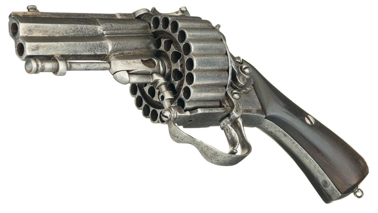 A rare antique revolver with 30 chambers instead of the standard 6, of unknown origins.
