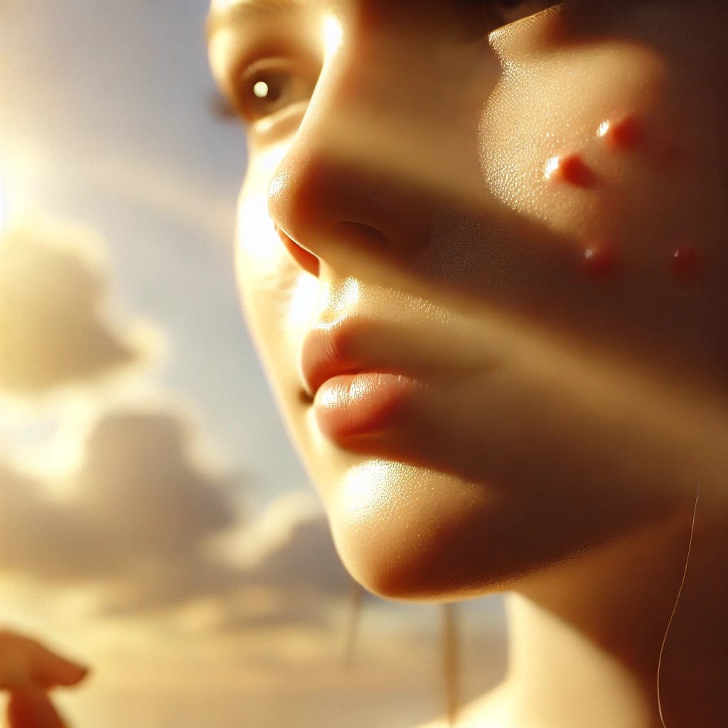 A realistic and gentle image of sunlight softly illuminating the skin of a person with mild acne. The scene features warm, golden sunlight shining on the person's face, with visible but subtle acne spots. The sunlight creates a soothing glow, with soft shadows and highlights that enhance the natural texture of the skin. The overall atmosphere is serene, with a peaceful sky in the background featuring soft clouds. The acne is shown in a milder form, blending naturally with the healthy glow of the skin, symbolizing healing and balance.