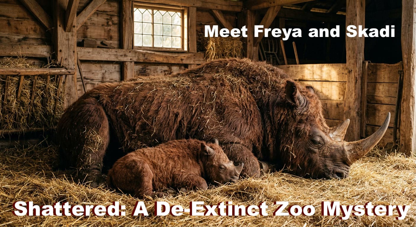 A mother and infant woolly rhinos dozing in a cazy barn, lying in hay A mother and infant woolly rhinos dozing in a cazy barn, lying in hay