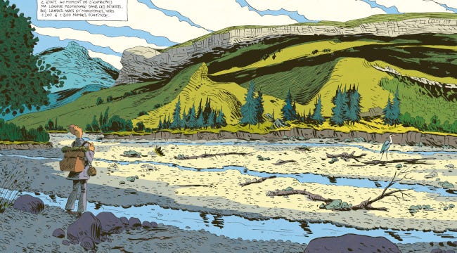 DOuble page de la BD où un homme se tient debout, seul, face à une colline verdoyante, sous le ciel bleu avec quelques nuages, et qui respire profondément