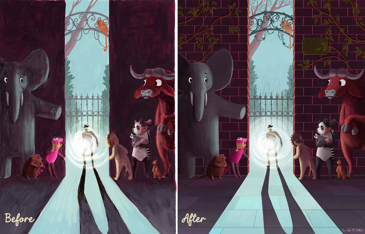 Illustration by Jennifer M Potter of kids and animals hiding from the zookeeper. On the left is the first version done in late 2017, and on the right is the second version, done in early 2018
