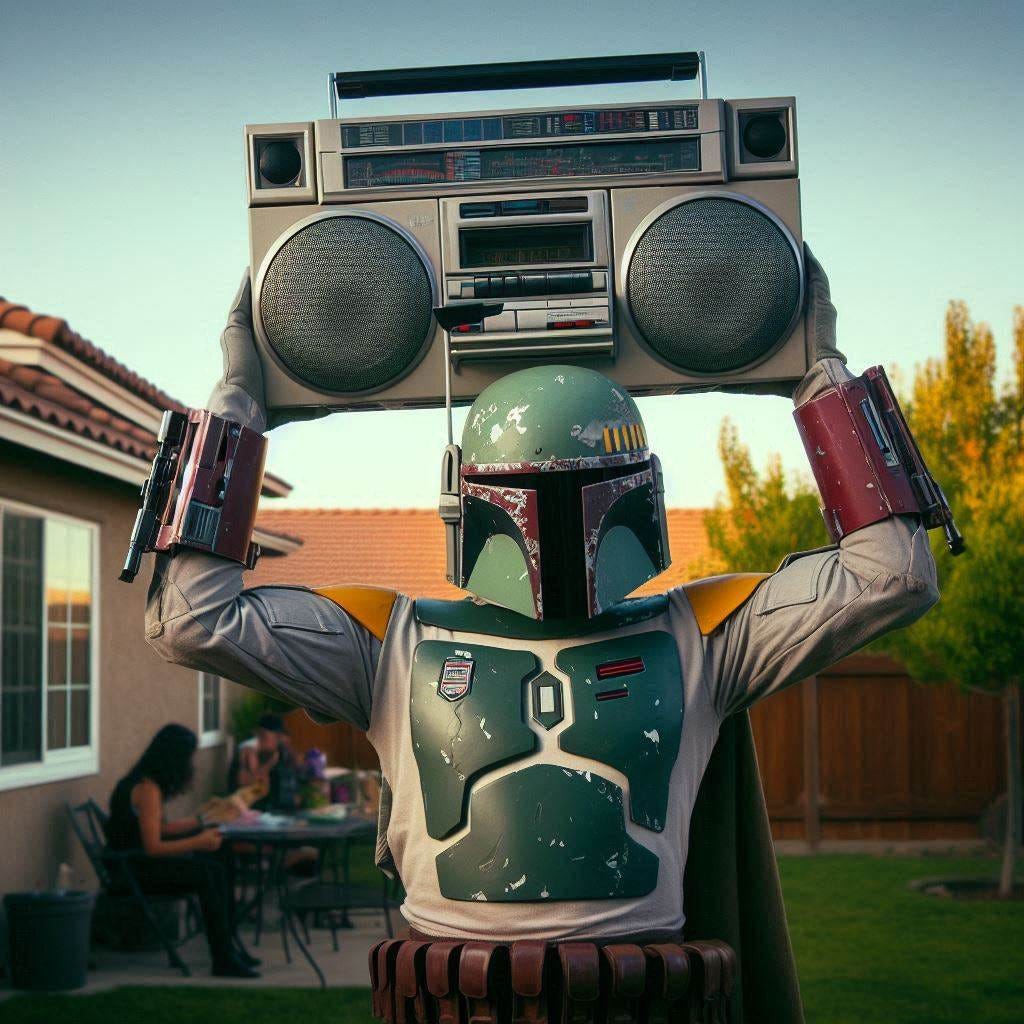 boba fett holding a boom box above his head like the scene in say anything the background is a suburban backyard