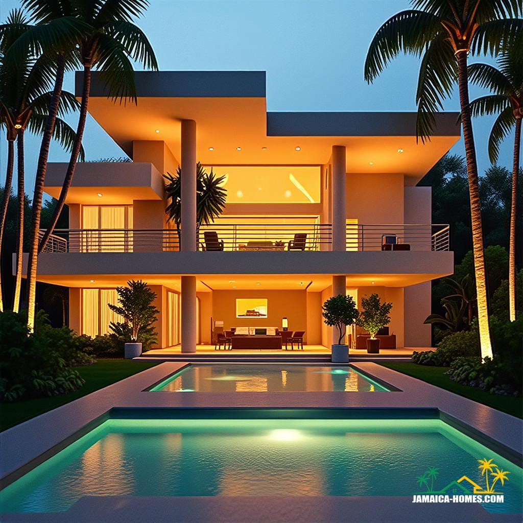 A majestic, modern Art Deco home in Jamaica, Caribbean, bathed in warm, golden light A majestic, modern Art Deco home in Jamaica, Caribbean, bathed in warm, golden light