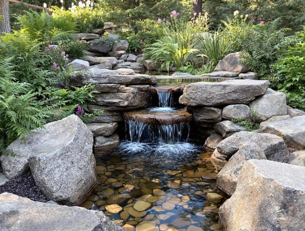 Waterfall in a rock garden surrounded by plants. Image Source: Smooth Stone Landscaping