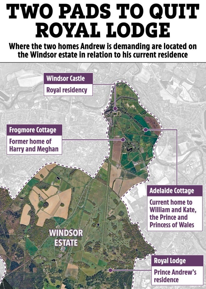 Map of the Windsor estate showing the location of Windsor Castle, Frogmore Cottage, Adelaide Cottage, and Royal Lodge. Map of the Windsor estate showing the location of Windsor Castle, Frogmore Cottage, Adelaide Cottage, and Royal Lodge.