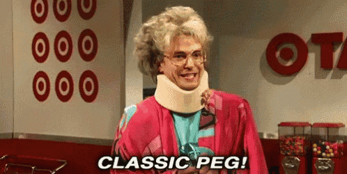 a man wearing a neck brace is standing in front of a gumball machine and says `` classic peg ! ''