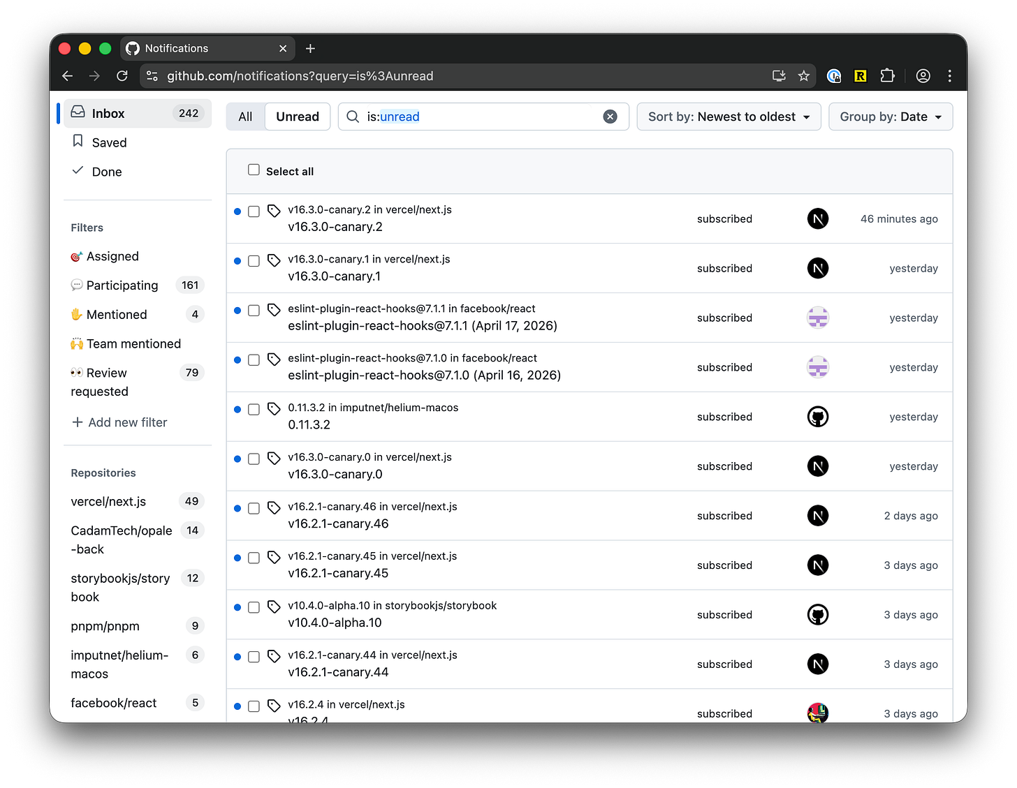 The Github notification view showing many notifications for irrelevant stuff.