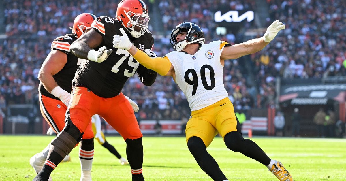 Pittsburgh Steelers OLB TJ Watt struggles to get past Cleveland Browns OT Dawand Jones (rookie).