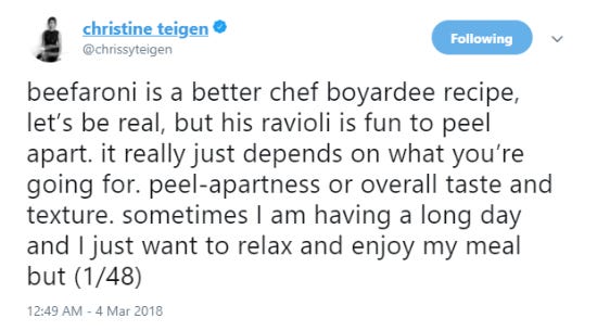 Screenshot of a funny tweet about pasta Screenshot of a funny tweet about pasta