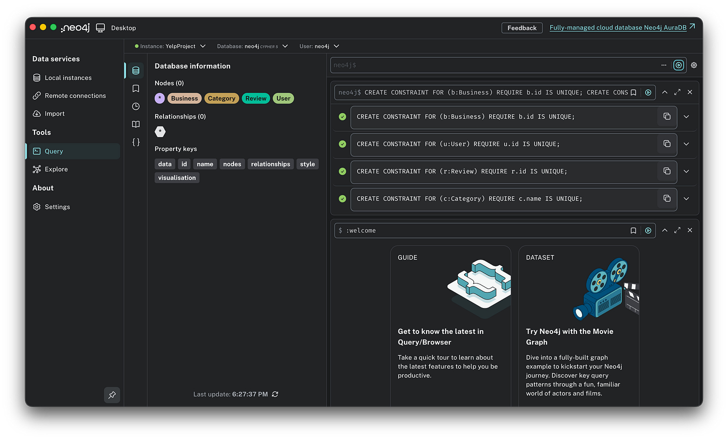 Neo4j Desktop query interface displaying four green success messages confirming the creation of unique constraints for Business, User, Review, and Category nodes.