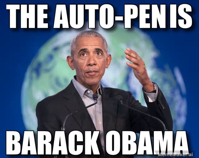 Barack Obama standing at a podium, wearing a dark suit and light shirt, gesturing with his right hand raised. A globe is visible in the background. Text overlay reads "THE AUTO-PENIS IS BARACK OBAMA" in white capital letters on a blue background. A watermark "MemeMaker.ai" is present at the bottom right.