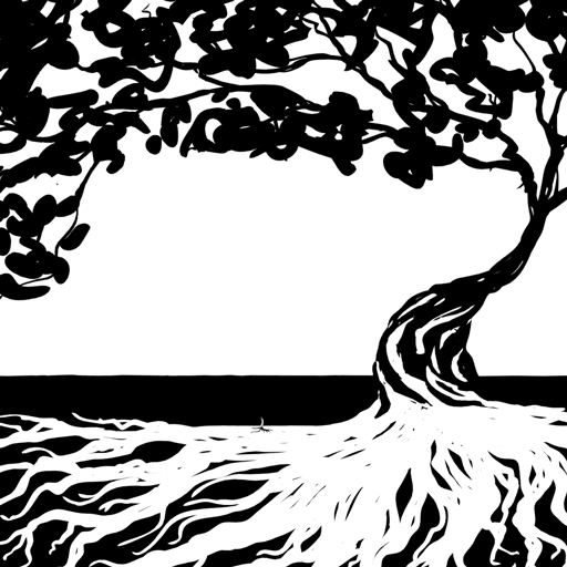 This may contain: a black and white drawing of a tree with roots