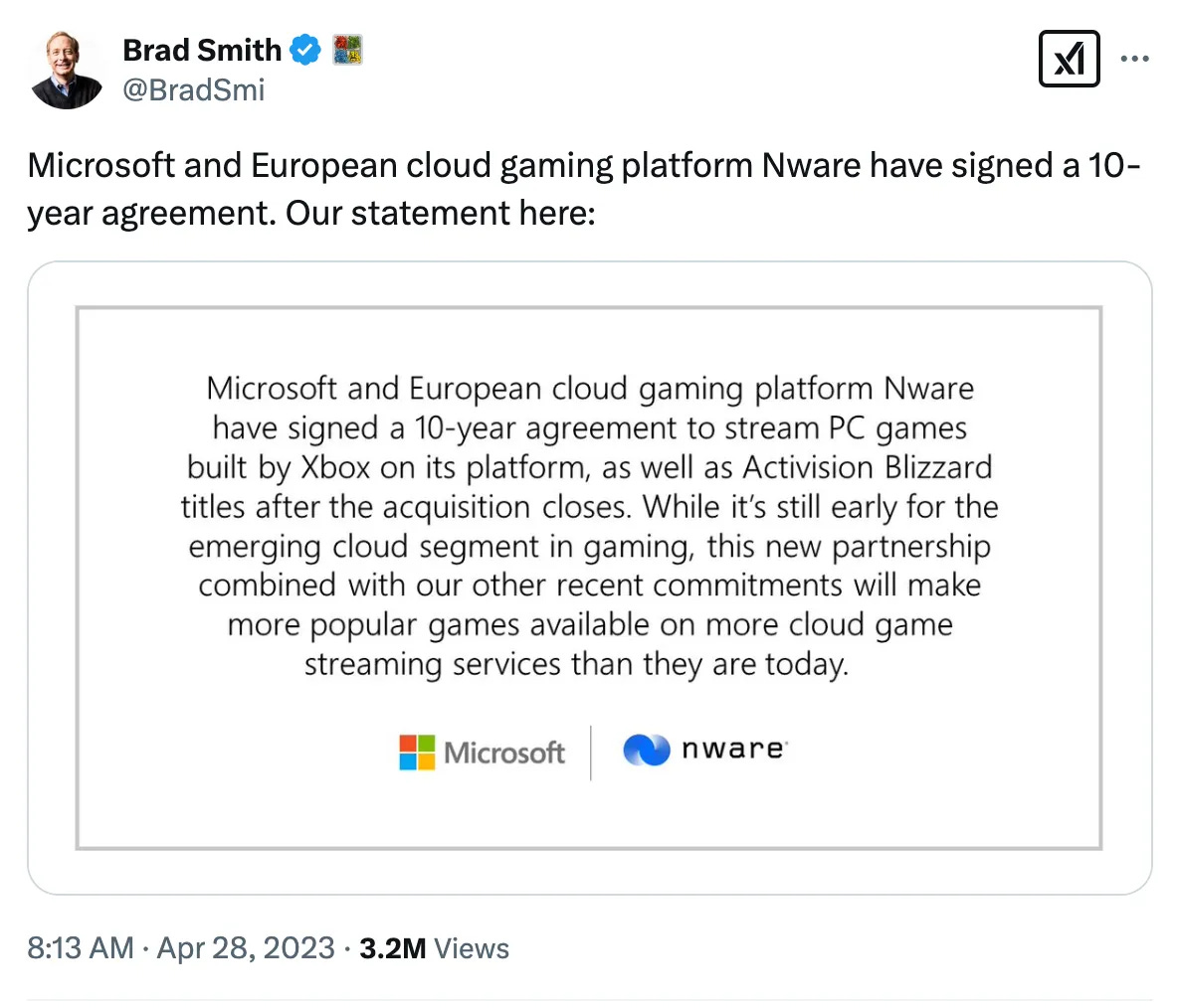 Screenshot of Microsoft President Brad Smith announcing a 10-year partnership with Nware, a European cloud gaming startup, to stream PC and Activision Blizzard games on Xbox and other cloud gaming platforms.
