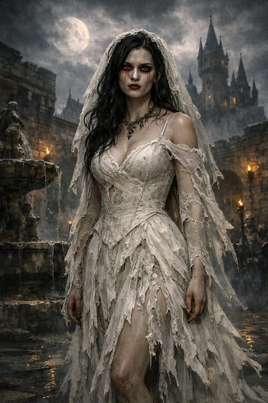 Sasha Ivliskova, pale-skinned dark-haired vampiress in a tattered once-fine wedding dress, standing in a gothic courtyard