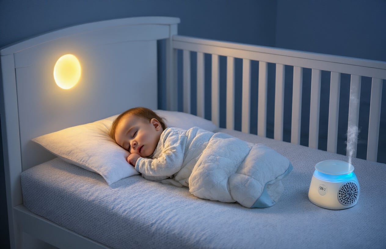 Create a realistic image of a nursery at night with a digital thermometer displaying 68-72°F (20-22°C), soft amber night light casting a gentle glow, a sleeping baby in a crib wearing a lightweight sleep sack, a small fan for air circulation, and a humidifier with light vapor in the corner, creating a peaceful and comfortable sleep environment. Create a realistic image of a nursery at night with a digital thermometer displaying 68-72°F (20-22°C), soft amber night light casting a gentle glow, a sleeping baby in a crib wearing a lightweight sleep sack, a small fan for air circulation, and a humidifier with light vapor in the corner, creating a peaceful and comfortable sleep environment.