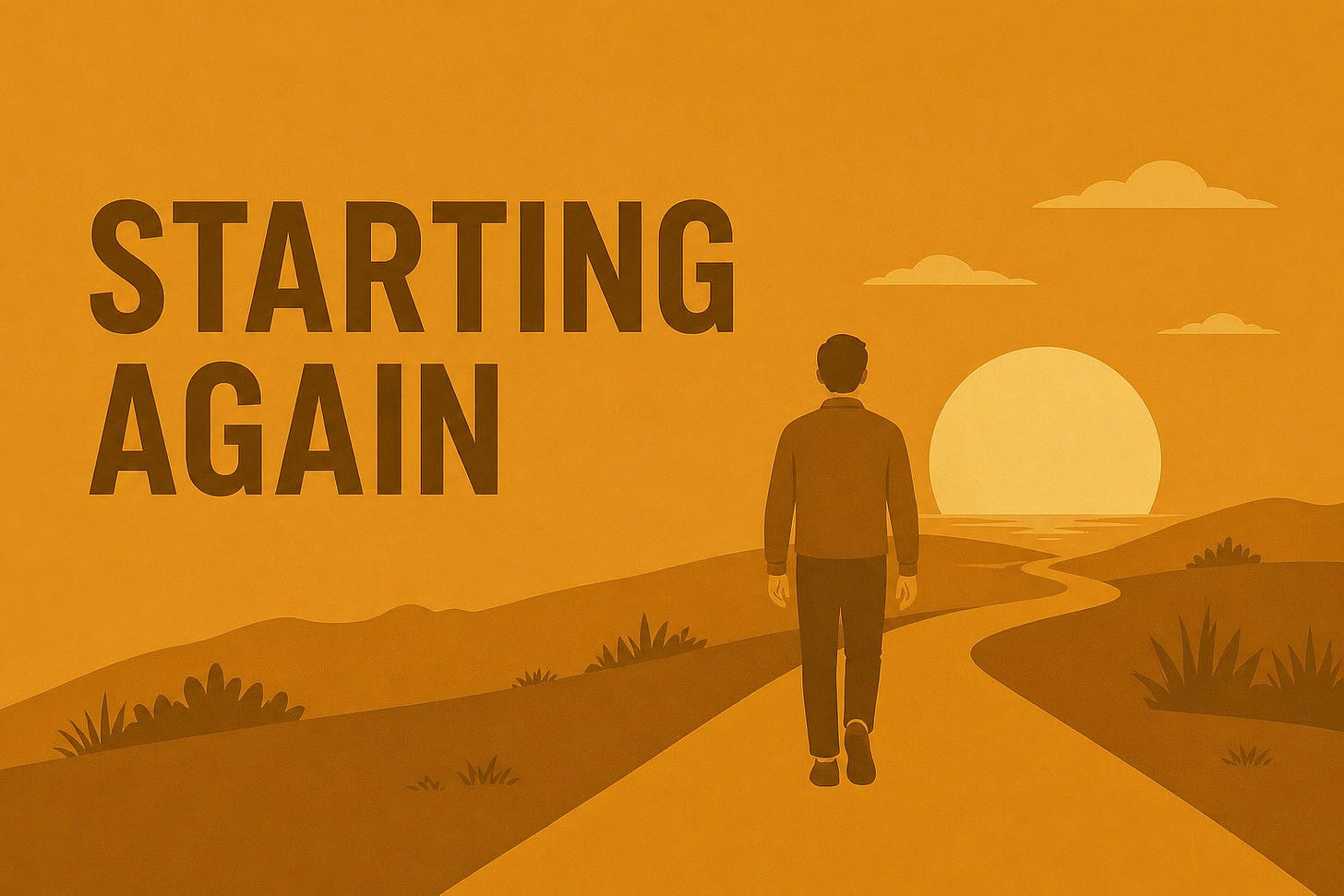A man walking through the country side with a title text "Starting Again"