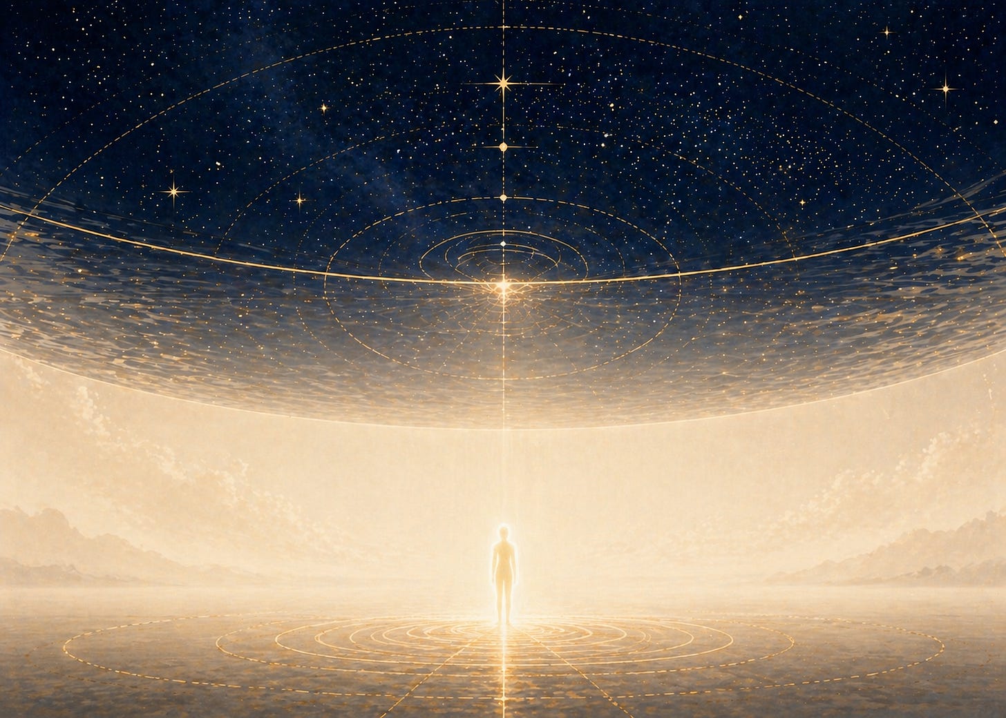 Surreal 14:10 landscape with a soft cream ground and a deep navy, star-filled sky above. A subtle, glass-like ceiling divides the two, marked by faint gold circular linework and a thin glowing boundary. At the center, a small, gender-neutral human figure radiates warm golden light, standing beneath the ceiling as if sensing it. The scene feels expansive yet quietly contained, symbolizing an invisible limit within an otherwise open space.