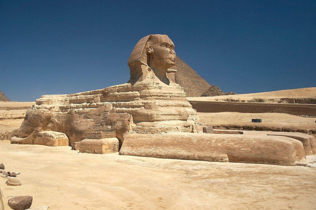 A photograph of the Sphinx, an Egyptian monument with the head of a man and the body of a lion.