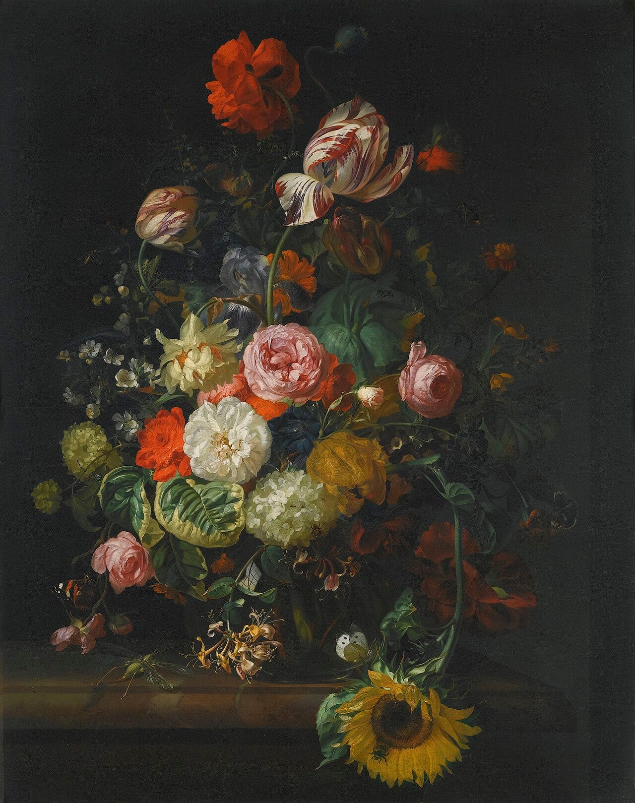 A dark, dramatic bouquet with butterflies, beetles and a lizard among the blooms A dark, dramatic bouquet with butterflies, beetles and a lizard among the blooms