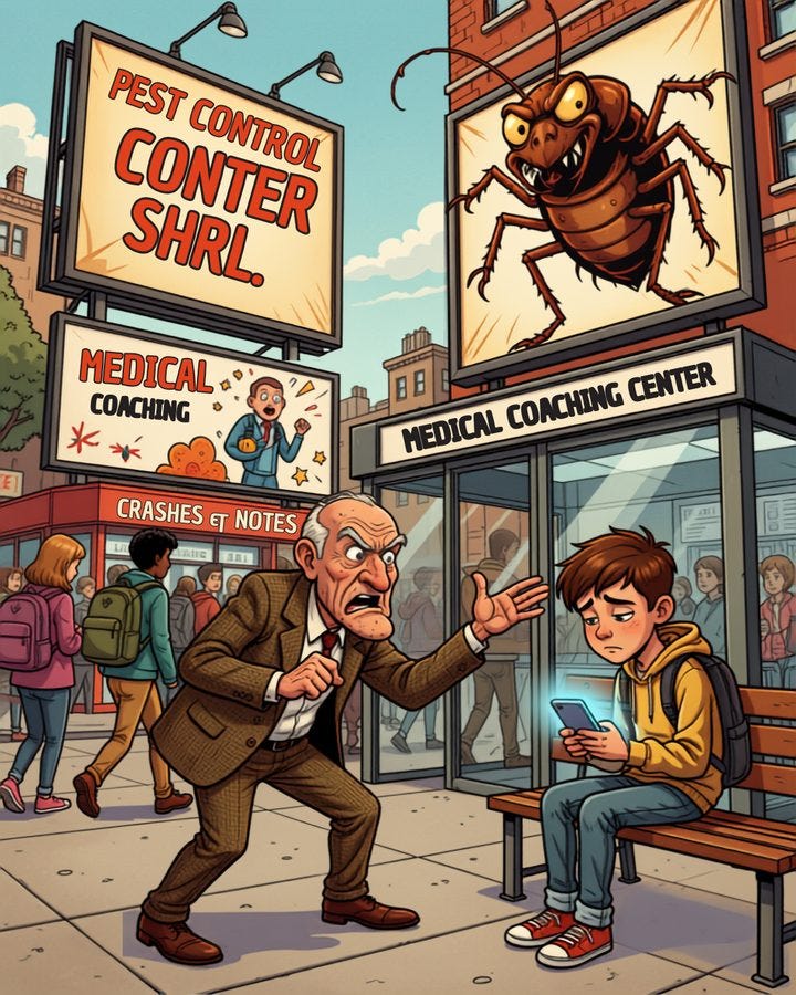 A cartoon illustration of an older man scolding a teenage boy at a bus stop, the boy looking down at his phone. Behind them, exaggerated ads for a pest control service and a medical coaching centre loom overhead, with a giant cockroach on one billboard. Students with backpacks walk past in the background. A cartoon illustration of an older man scolding a teenage boy at a bus stop, the boy looking down at his phone. Behind them, exaggerated ads for a pest control service and a medical coaching centre loom overhead, with a giant cockroach on one billboard. Students with backpacks walk past in the background.