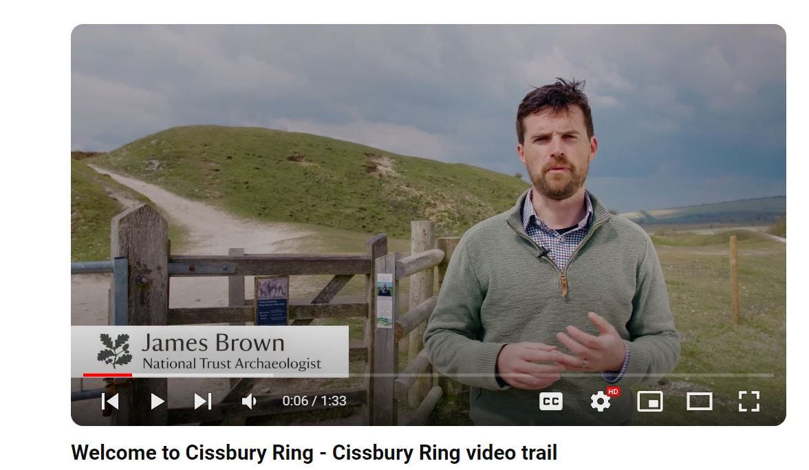 A screenshot of one of the Cissbury Hill digital interpretation Youtube videos. National Trust Archaeologist James Brown presents to camera.