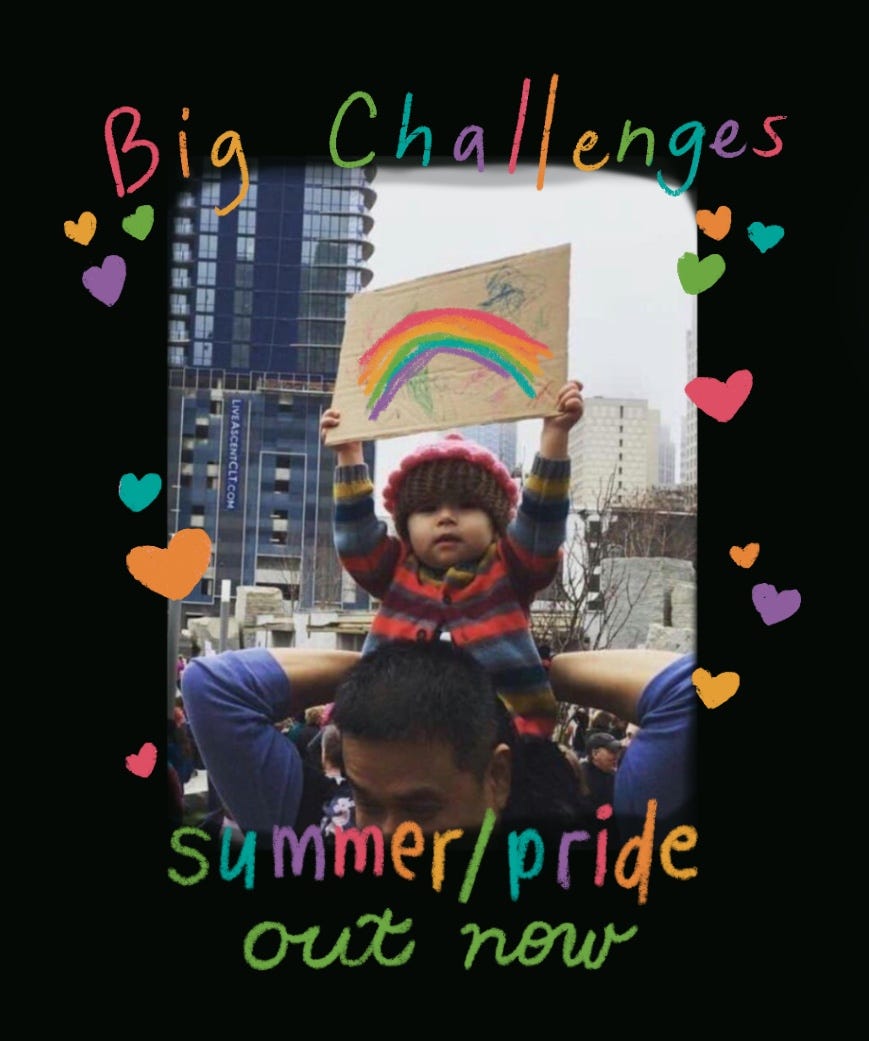 Photo of a toddler at a protest holding up a cardboard sign with a rainbow scrawled on it. Text above and below the photo says Big Challenges | summer/pride | out now